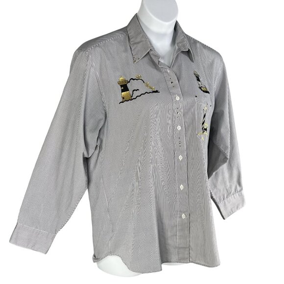 Las Olas Women Shirt L Lighthouse Embroidered Rhinestones Striped Nautical Artsy - Picture 8 of 16